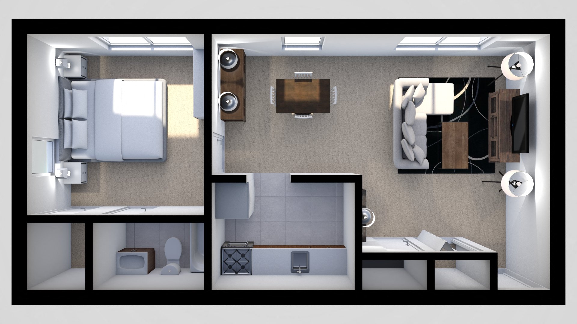Floor plan for 1 bed, 1 bath, 635 sqft